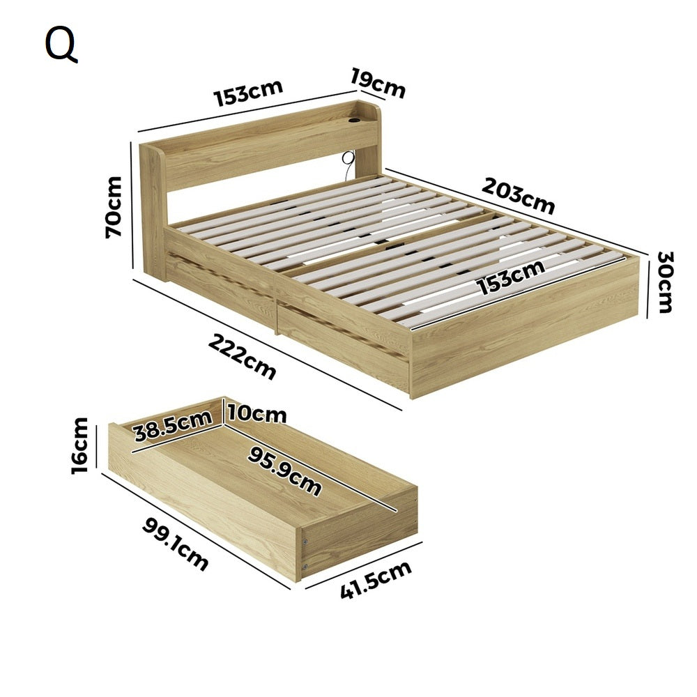 Sorrento 2 Drawer Storage Bed and 2 Charging Ports | Multi Storage Wood Style Bed Frame with USB Chargers