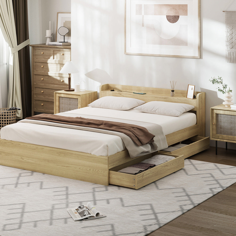 Sorrento 2 Drawer Wooden Storage Bed and 2 Charging Ports | Multi Storage Wood Bed Frame with USB Chargers