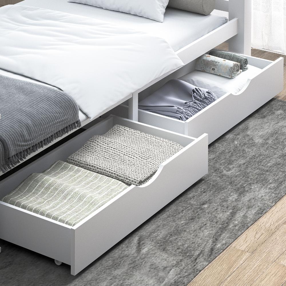 Set of Two Space Saving Bed Frame Storage Drawers | Wheel Slider Timber Trundle for Wooden Bed Frame Base in White