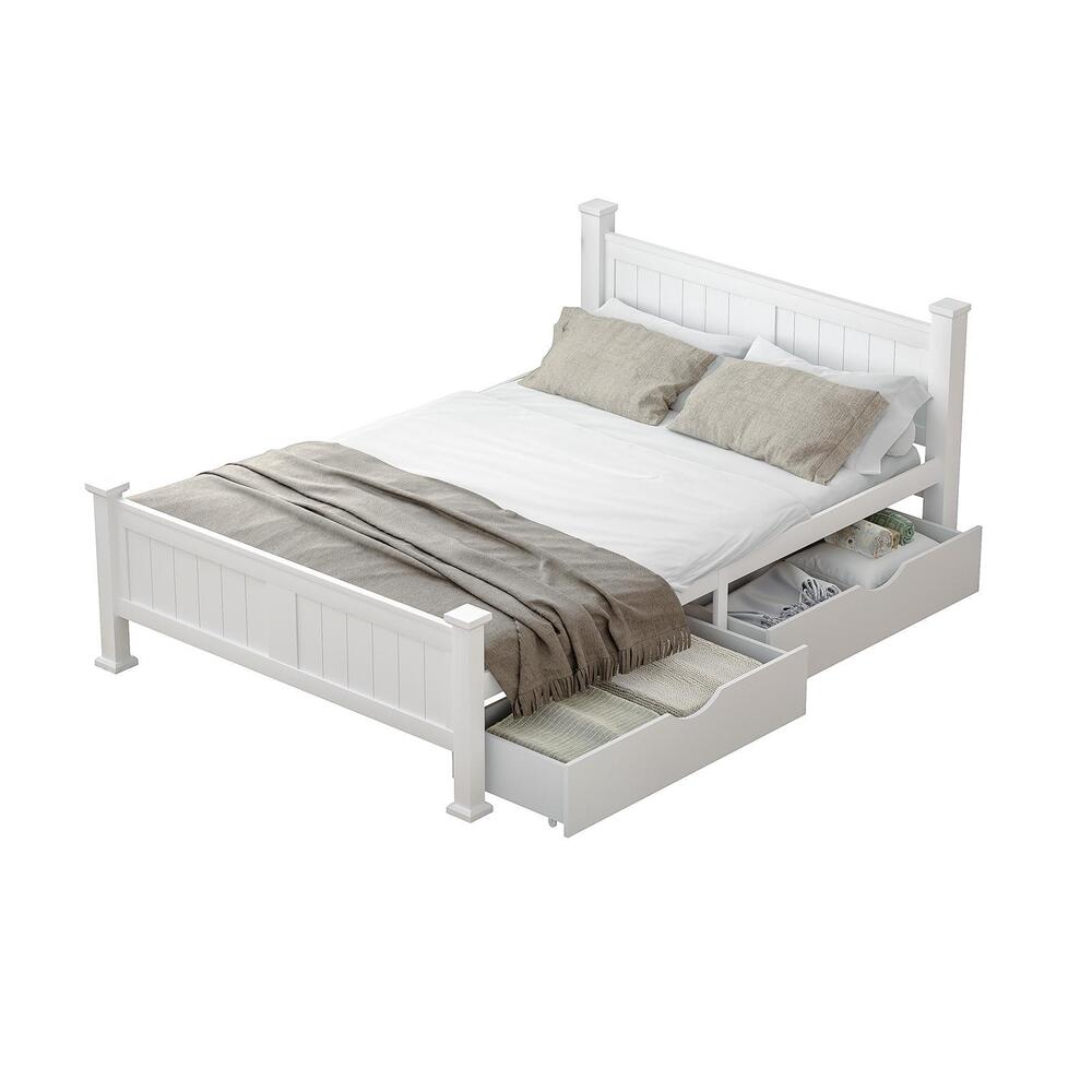 Mila Cottage White Wooden Bed Frame with Storage Draws | Solid Modern Timber Frame with Space Storage Draws