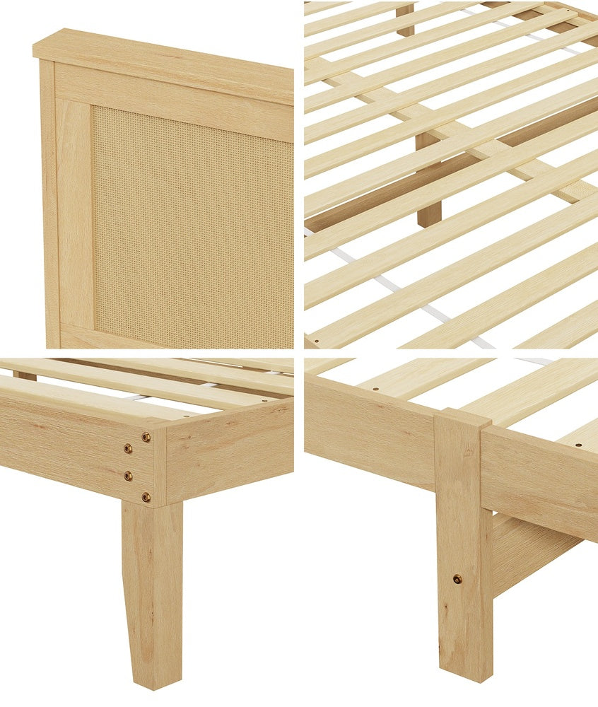Centrum Modern Wooden Bed Frame with Rattan Headboard | Scandi Wood Storage Rattan Bed