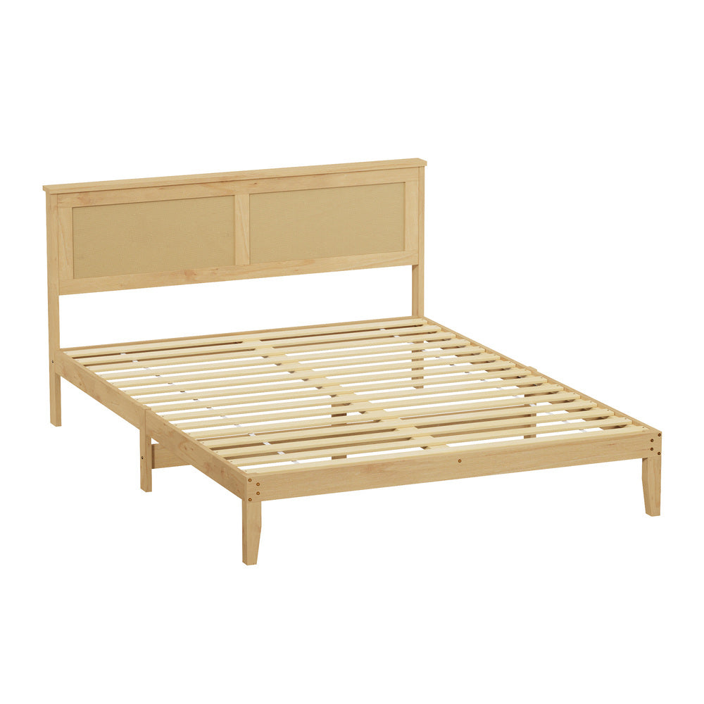 Centrum Modern Wooden Bed Frame with Rattan Headboard | Scandi Wood Storage Rattan Bed