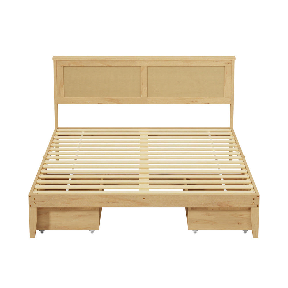 Centrum Modern Wooden Bed Frame with Rattan Headboard | Scandi Wood Storage Rattan Bed