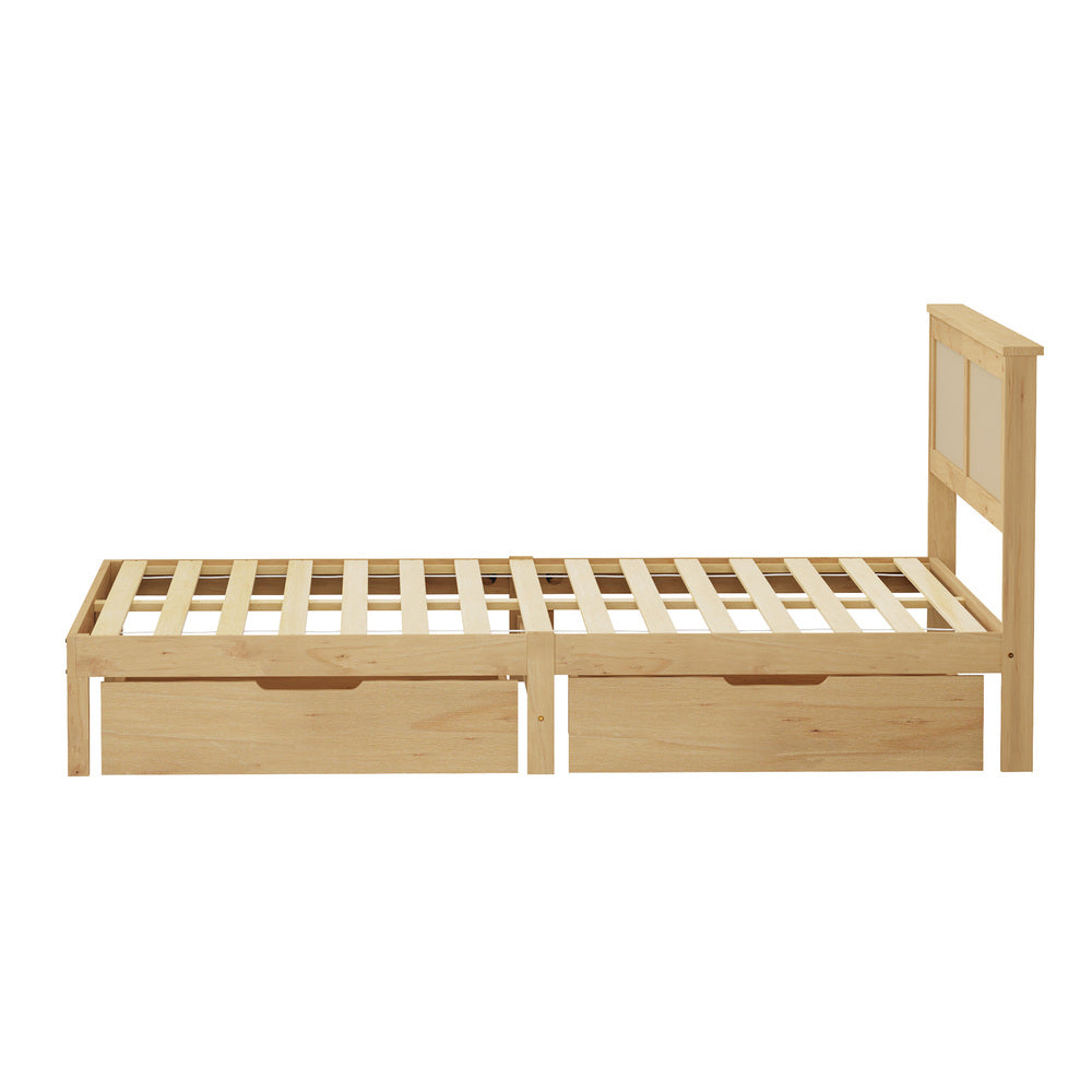 Centrum Modern Wooden Bed Frame with Rattan Headboard | Scandi Wood Storage Rattan Bed