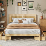 Centrum Modern Wooden Bed Frame with Rattan Headboard | Scandi Wood Storage Rattan Bed