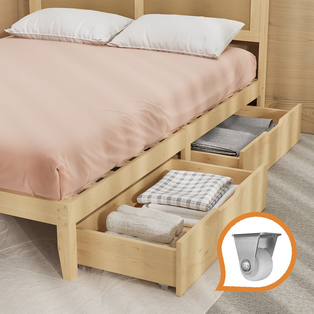 Centrum Modern Wooden Bed Frame with Rattan Headboard | Scandi Wood Storage Rattan Bed