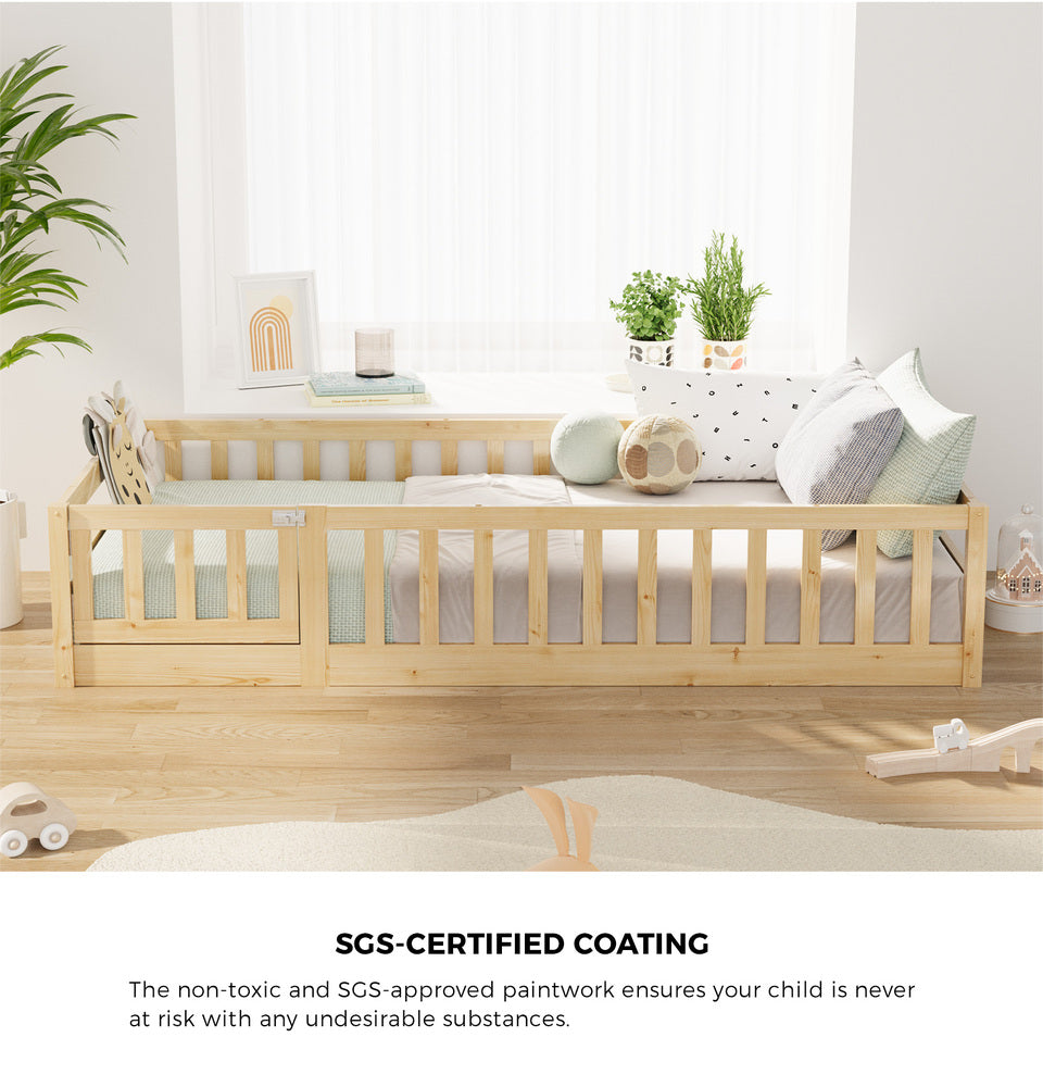 Reggio Luxe Premium Kids Timber Guard Bed | Single Size Childrens Wooden Gate Guard Bed