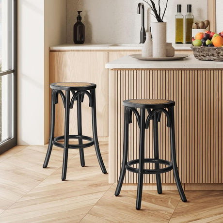 Set of Two Eros Vintage Wooden Rattan Barstools | Stylish Retro Wooden Barstools Set