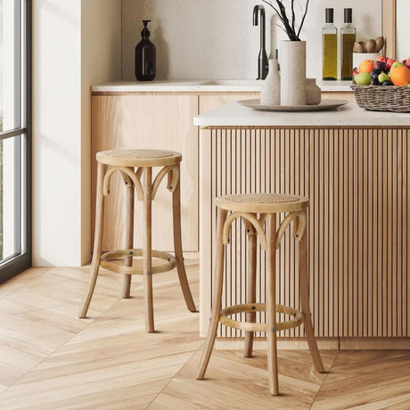 Set of Two Eros Vintage Wooden Rattan Barstools | Stylish Retro Wooden Barstools Set