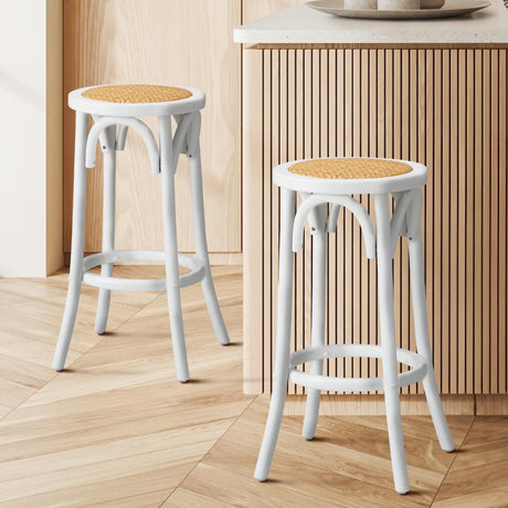 Set of Two Eros Vintage Wooden Rattan Barstools | Stylish Retro Wooden Barstools Set