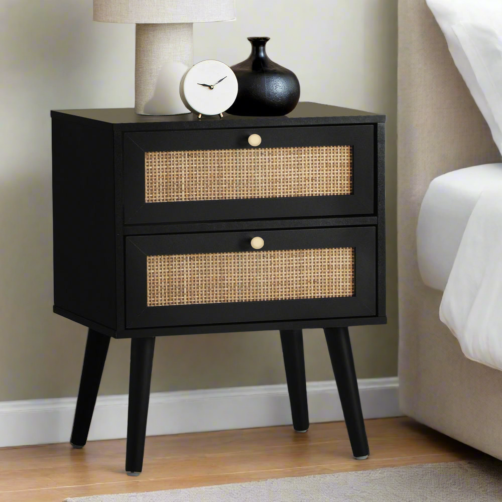 Centrum Black Modern Wood and Rattan Bedside Table | Storage Drawer Ni ...