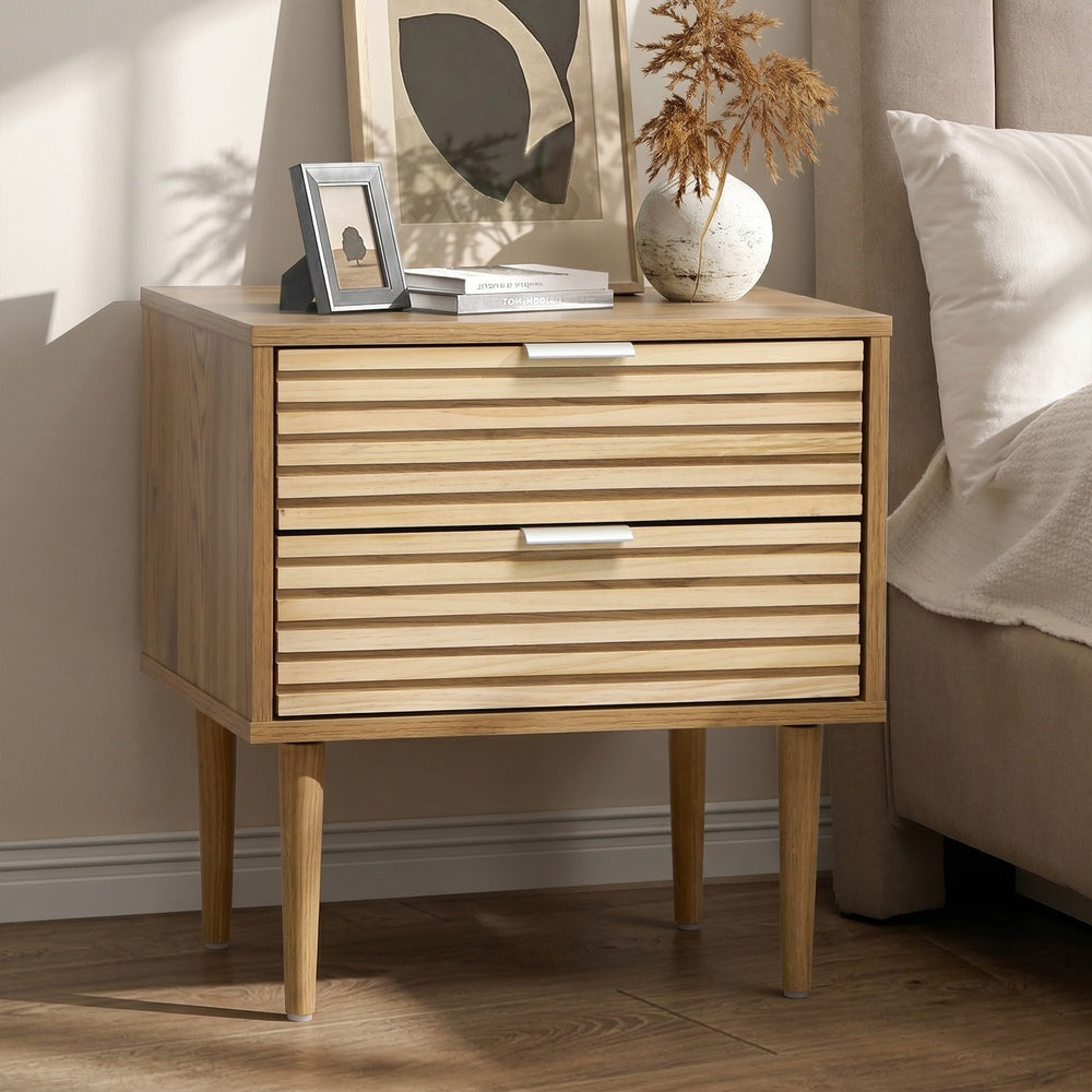 Centrum 2 Draw Designer Bedside Table | Modern Timber Panel Bedroom Nightstand