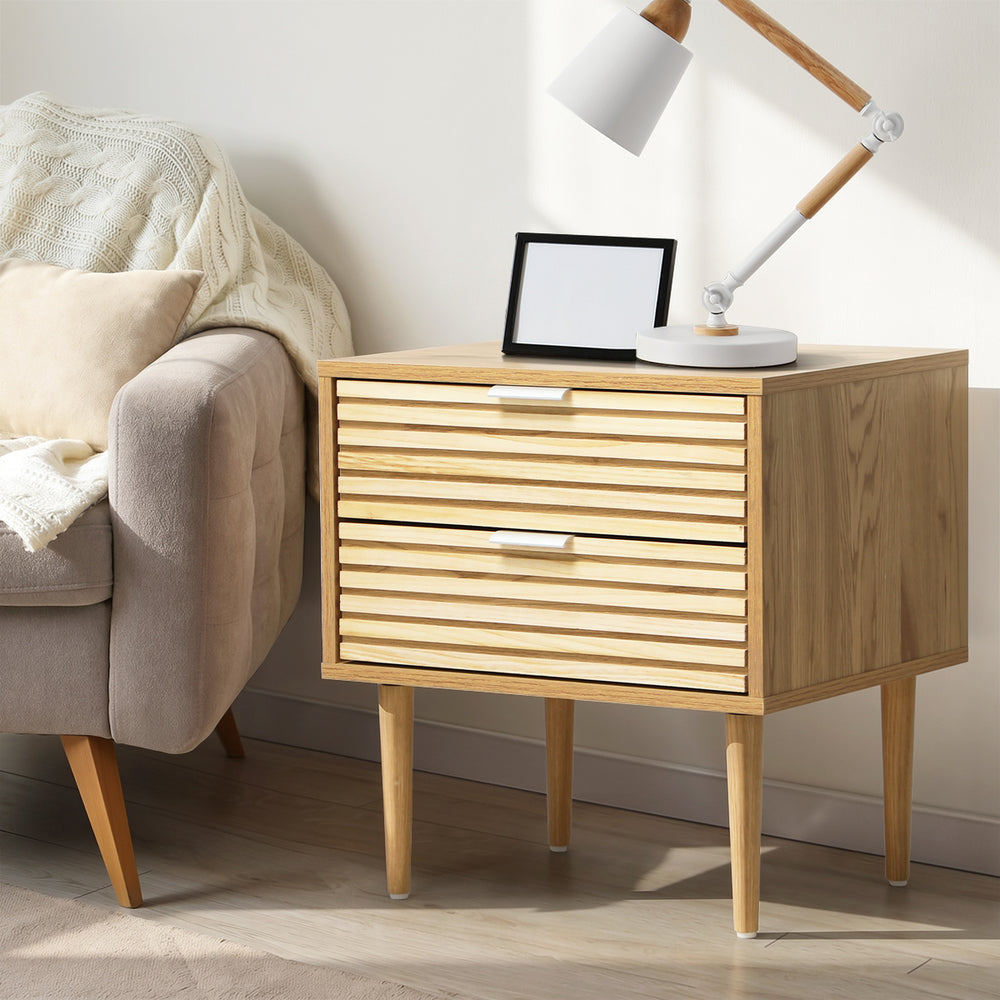 Centrum 2 Draw Designer Bedside Table | Modern Timber Panel Bedroom Nightstand