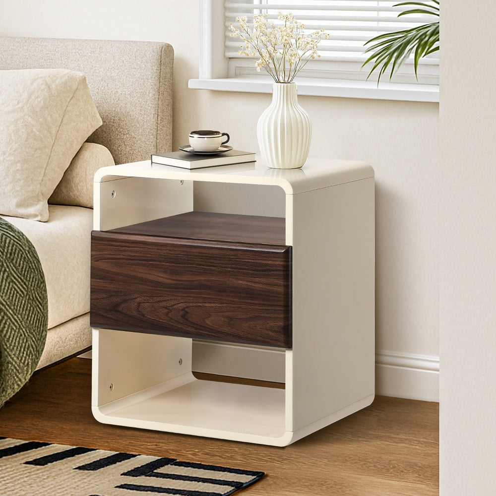 Sanremo 1 Draw Open Shelf Bedside Table | White Retro Modern Bedside Unit Nightstand