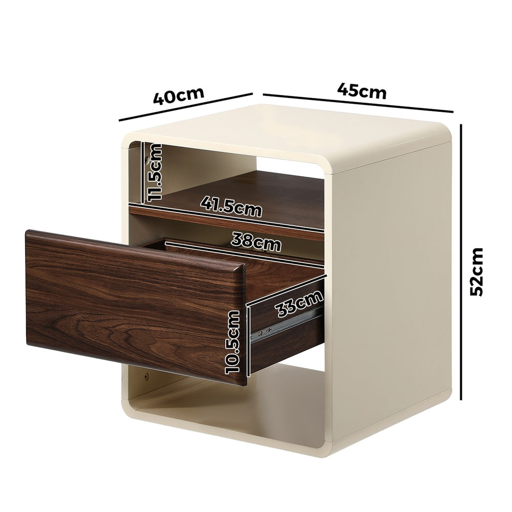 Sanremo 1 Draw Open Shelf Bedside Table | White Retro Modern Bedside Unit Nightstand