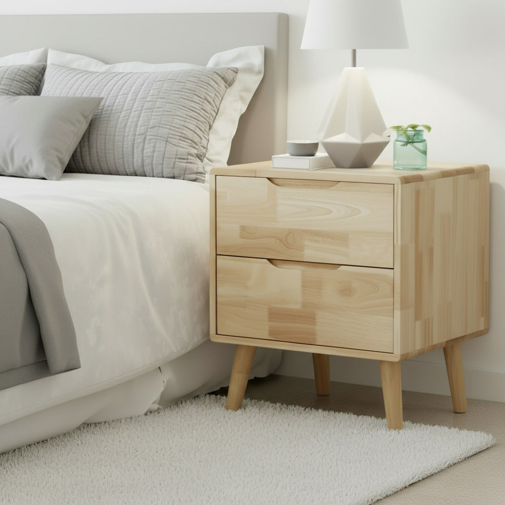 Bronson 2 Draw Solid Wood Bedside Table | Modern Handle Free Hardwood Bedroom Nightstand