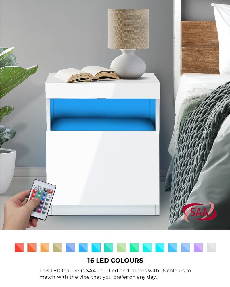 Grazio Supreme LED Multicolour Bedside Table | Modern Glossy Lift Storage Nightstand