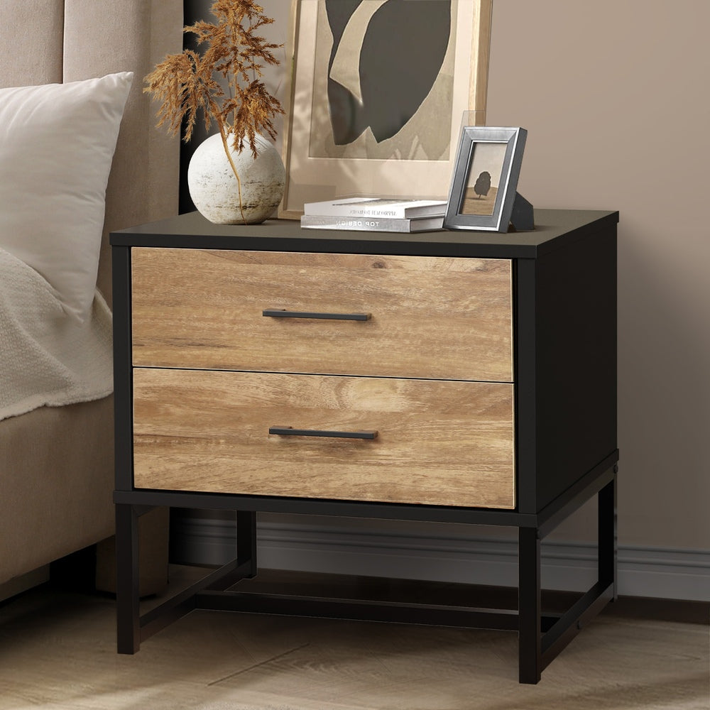 Foreno Industrial Style Rustic Bedside Table | 2 Drawer Metal Wood Bed Nightstand