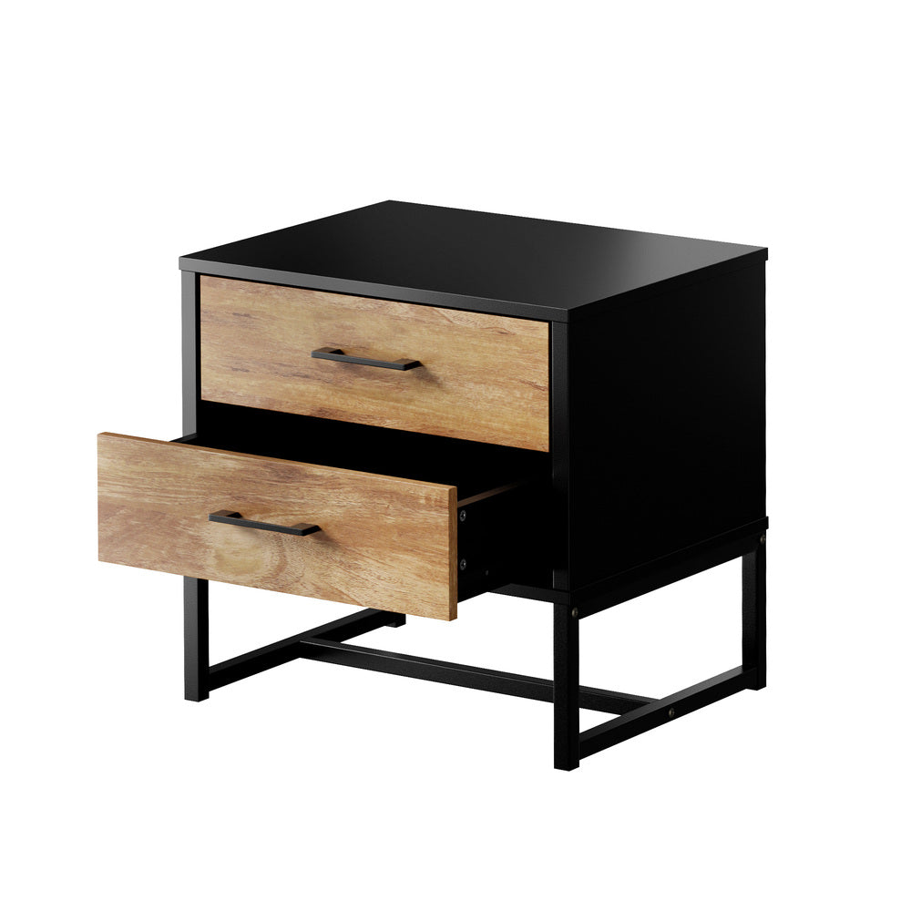Foreno Industrial Style Rustic Bedside Table | 2 Drawer Metal Wood Bed Nightstand