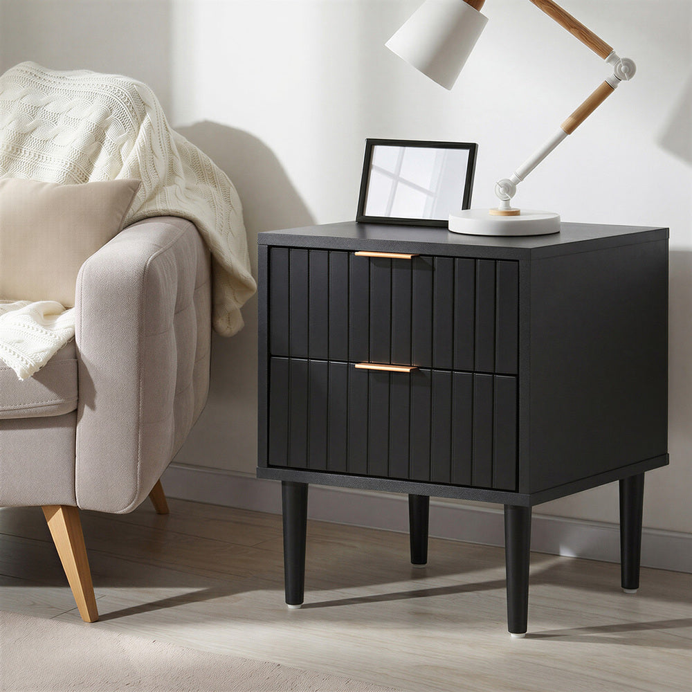 Centrum Nero Two Drawer Bedside Table | Metal Handle Modern Bedroom Storage Unit