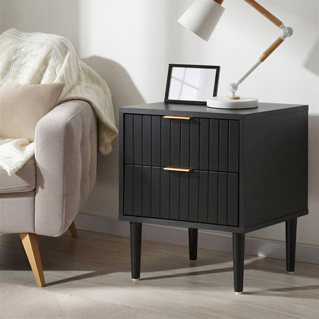 Centrum Nero Two Drawer Bedside Table | Metal Handle Modern Bedroom Storage Unit