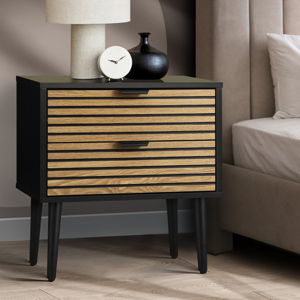 Prato 2 Draw Modern Bedside Table | Black and Wooden Bed Nighstand