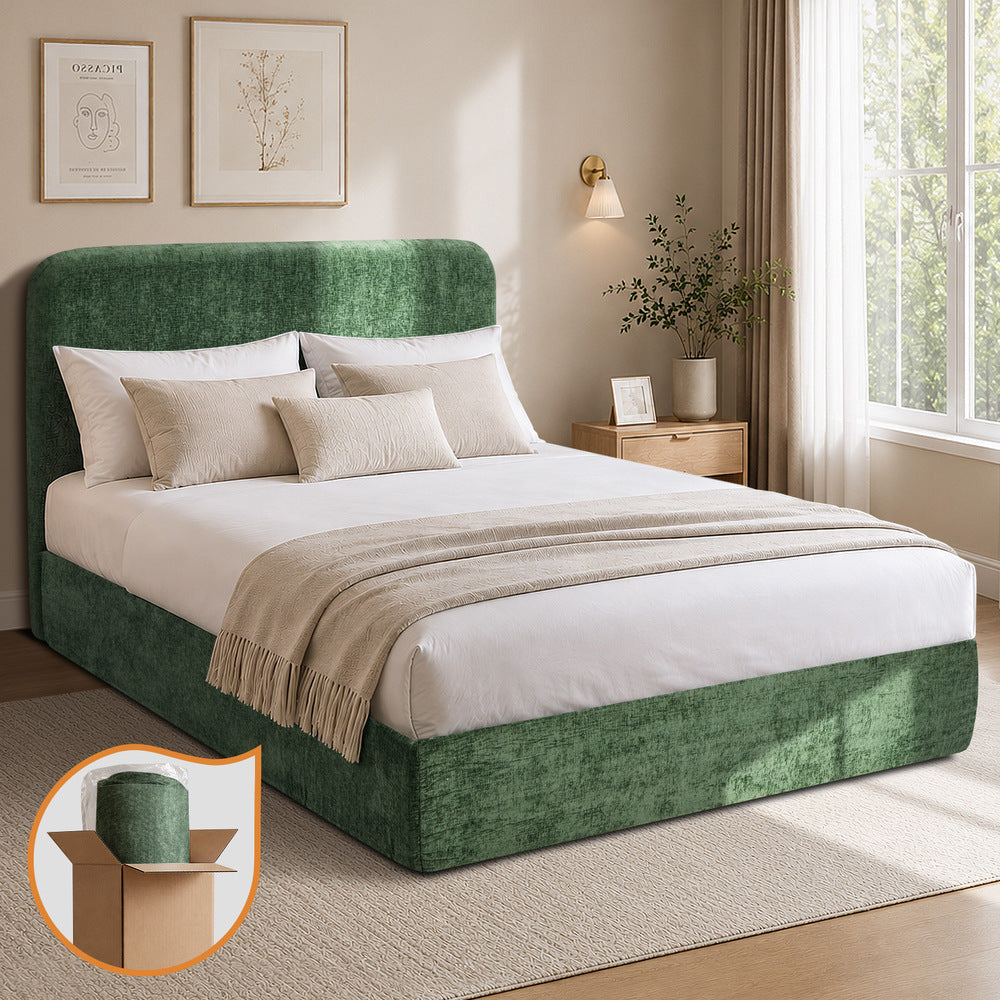 Velvet Cloud Soft Low Profile Compressed Bed | Tool-free Instant Bed Frame in Chenille Green