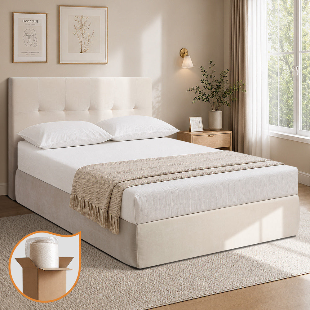 Velvet Cloud Soft Tufted Low Profile Compressed Bed | Tool-free Instant Bed Frame in Linen Beige