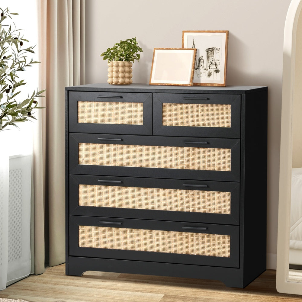 Abruzzi Nero Genuine Rattan Wooden 5 Chest of Drawers | 5 Draw Storage Dresser Unit