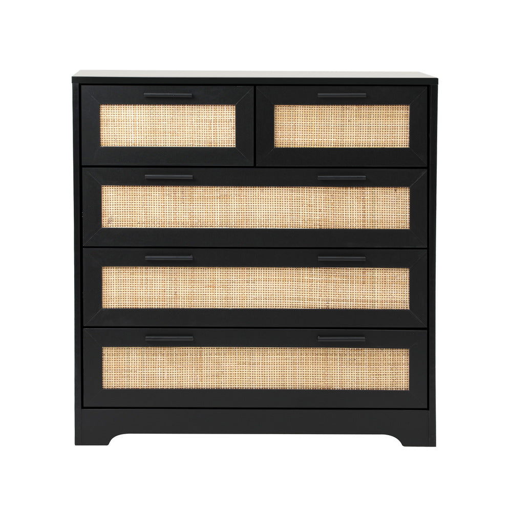 Abruzzi Nero Genuine Rattan Wooden 5 Chest of Drawers | 5 Draw Storage Dresser Unit
