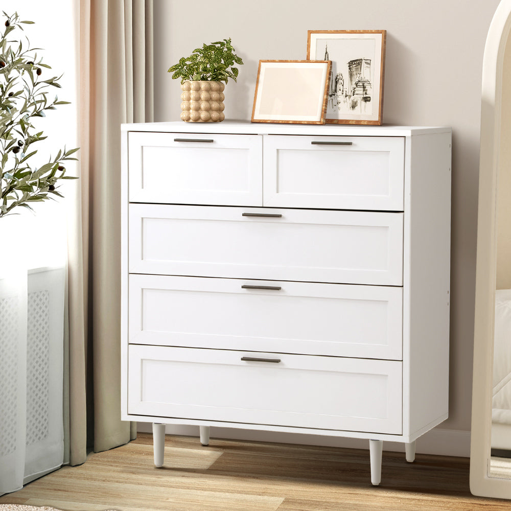 Essenza Mila 5 Draw Modern Dresser Tallboy | 5 Draw Chest Of Drawers Wooden Storage Unit