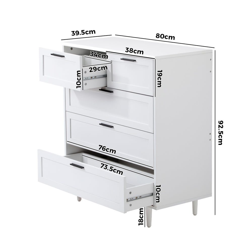 Essenza Mila 5 Draw Modern Dresser Tallboy | 5 Draw Chest Of Drawers Wooden Storage Unit