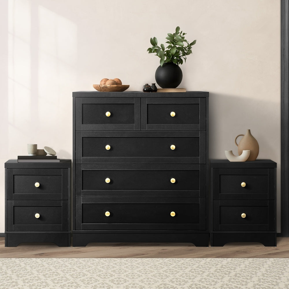 Centrum Black Wooden 5 Chest of Drawers 2 Bedsides Bedroom Package | Designer Modern Storage Cabinets