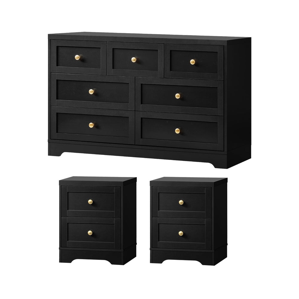 Centrum Black Wooden 7 Chest of Drawers 2 Bedsides Bedroom Package | Designer Modern Storage Cabinets