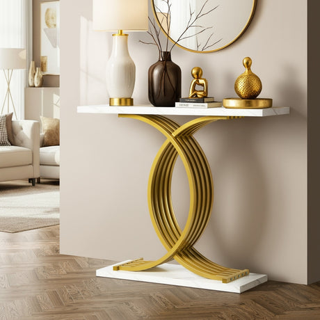 Santori Marble Effect Top Console Table | 80cm High White and Gold Hallway Entry Table