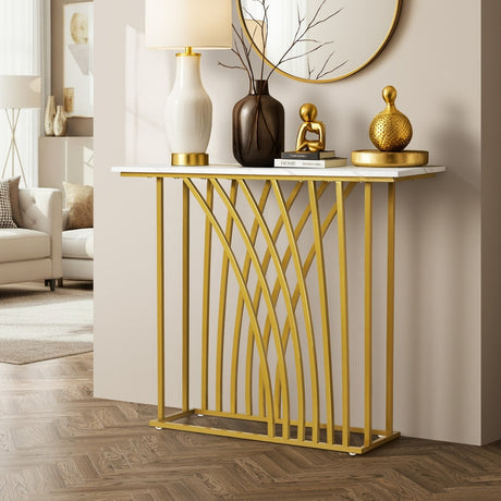Solitano Marble Effect Top Console Table | 80cm High White and Gold Hallway Entry Table