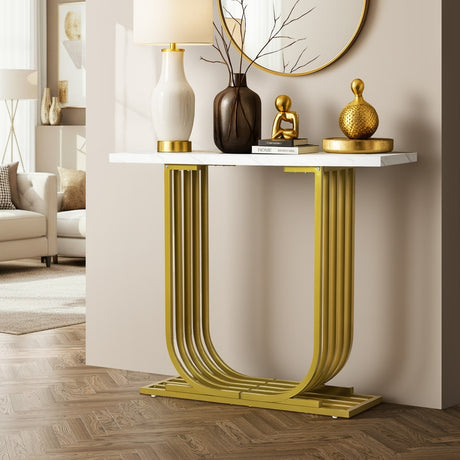 Urbino Marble Effect Top Console Table | 80cm High White and Gold Hallway Entry Table