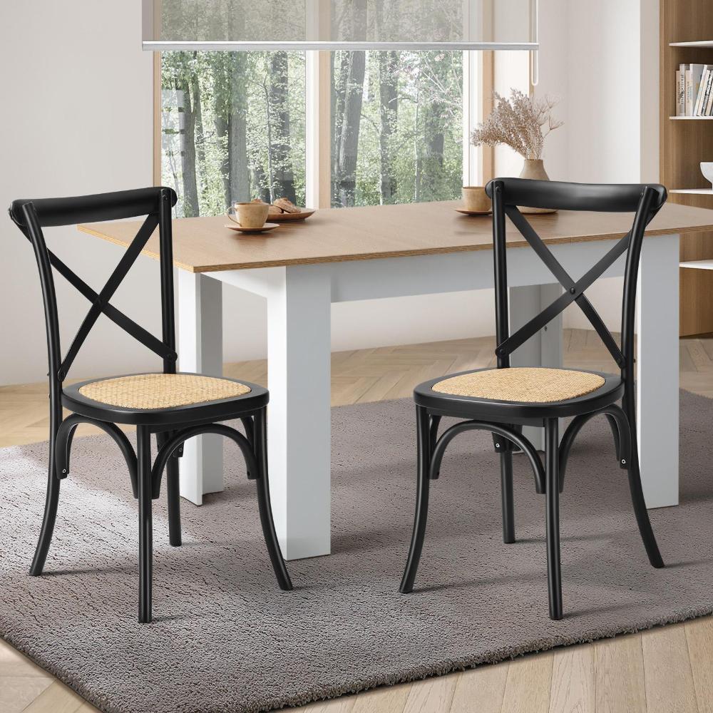 Set of Two Aris Vintage Wooden Rattan Crossback Dining Chairs | Stylish Retro Wooden Kitchen Dining Chairs