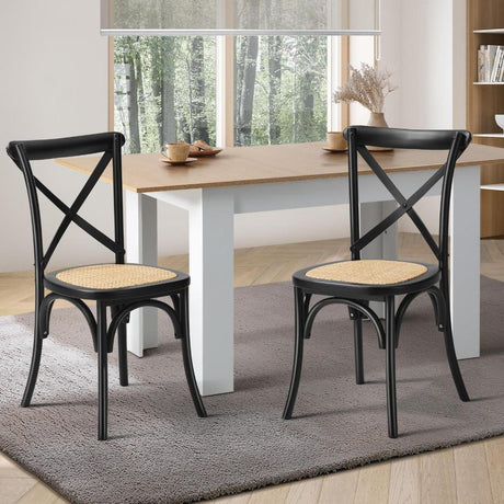Set of Two Aris Vintage Wooden Rattan Crossback Dining Chairs | Stylish Retro Wooden Kitchen Dining Chairs