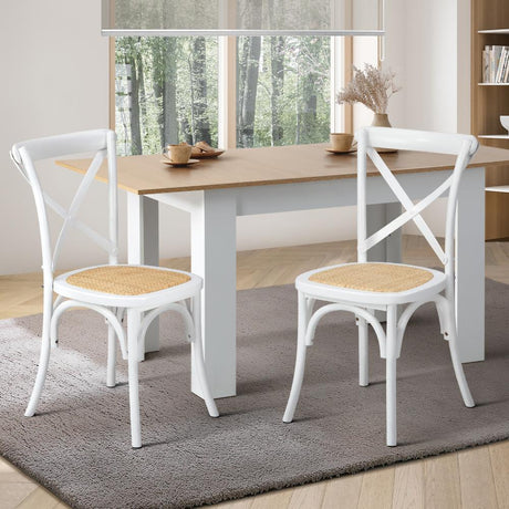 Set of Two Aris Vintage Wooden Rattan Crossback Dining Chairs | Stylish Retro Wooden Kitchen Dining Chairs