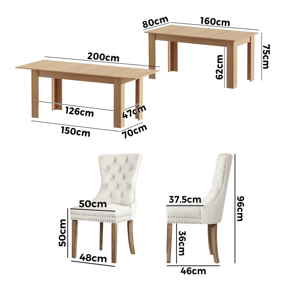 Venezia Luxe 160-200cm Extendable Dining Table Set | 7 Seater Dining Table and Velet Beige Dining Chairs