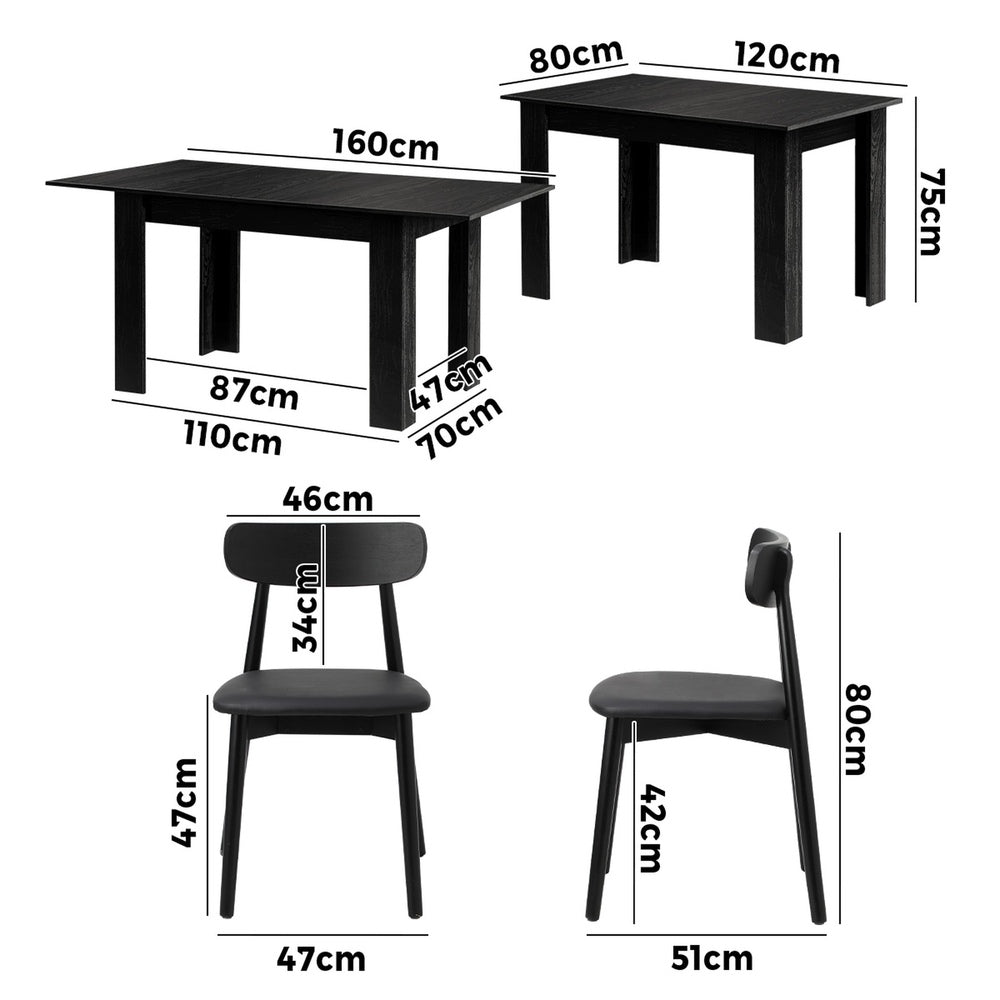 Julius Nero Extendable 120-160cm Dining Table Set | 5-7 Seater Premium All Black Modern Dining Table Set