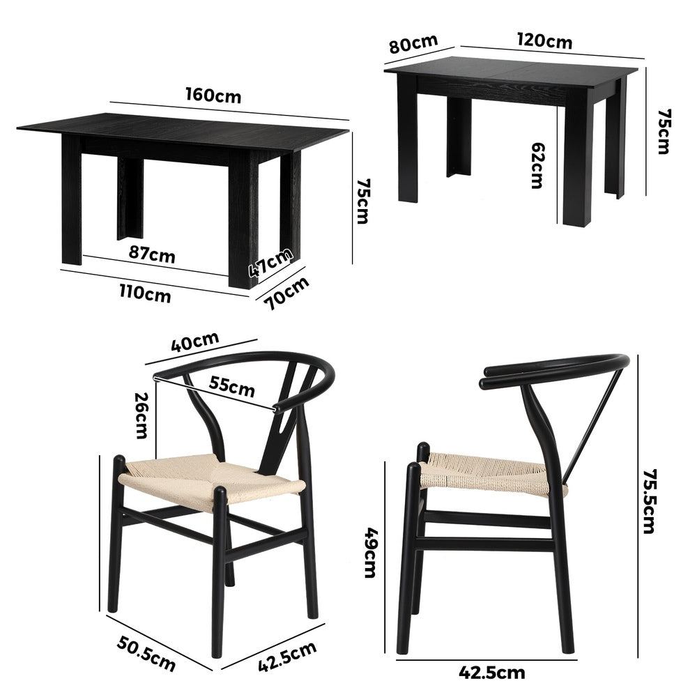 Replica Wishbone Nero Extendable 120-160cm Dining Table Set | 5-7 Seater Premium Modern Dining Table Set