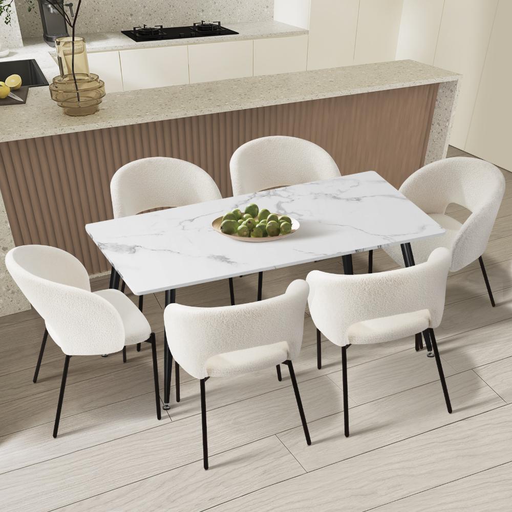 Peruzzi Boucle Luxe Dining Table Set | 5-7 Seater Premium Modern Dining Table Marble Style Top and Boucle Dining Chairs
