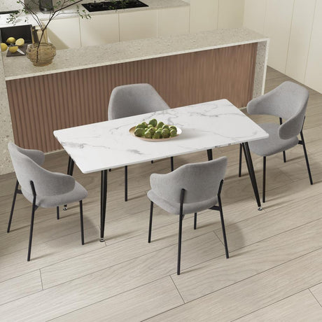 Alessi Grey Fabric Luxe Dining Table Set | 5-7 Seater Premium Modern Dining Table Marble Style Top and Fabric Dining Chairs