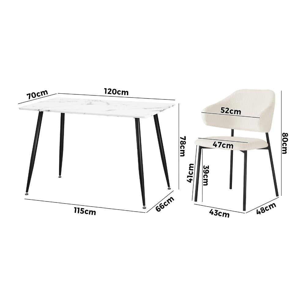 Marucio Boucle Luxe Dining Table Set | 5-7 Seater Premium Modern Dining Table Marble Style Top and Boucle Dining Chairs