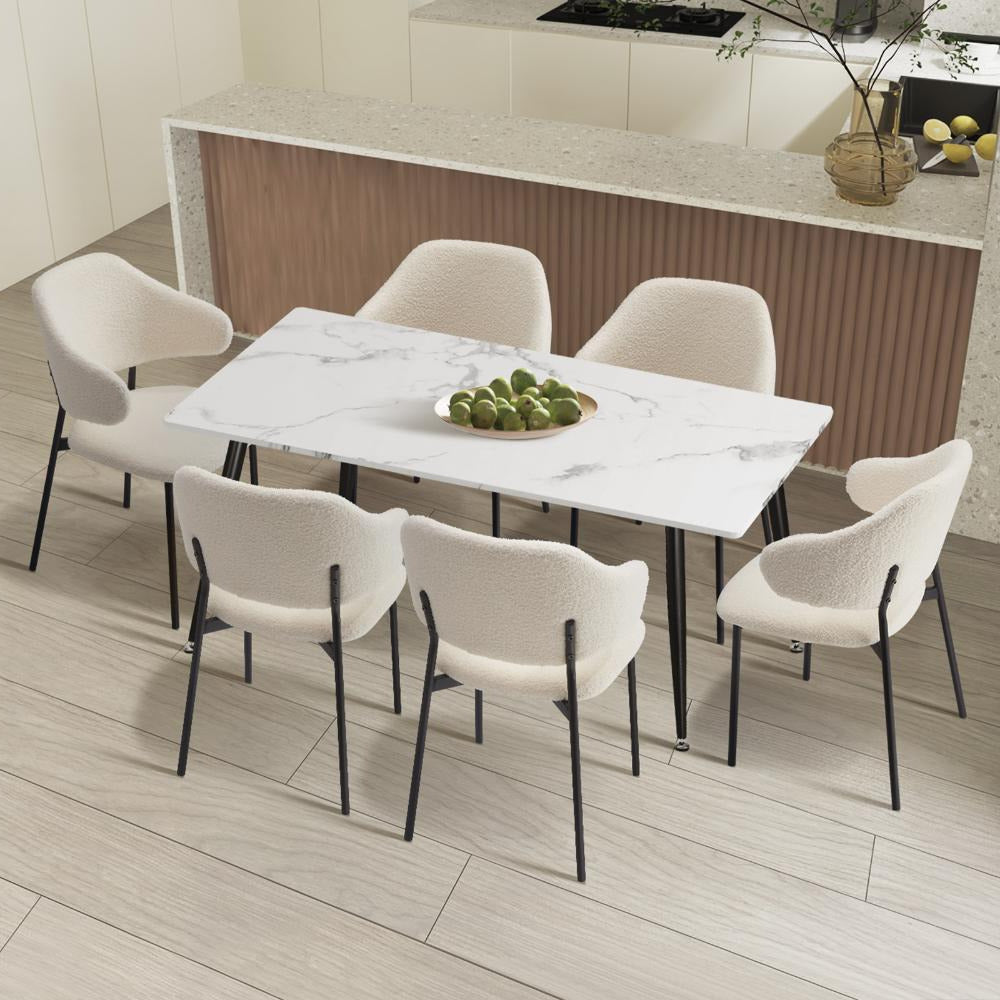 Marucio Boucle Luxe Dining Table Set | 5-7 Seater Premium Modern Dining Table Marble Style Top and Boucle Dining Chairs