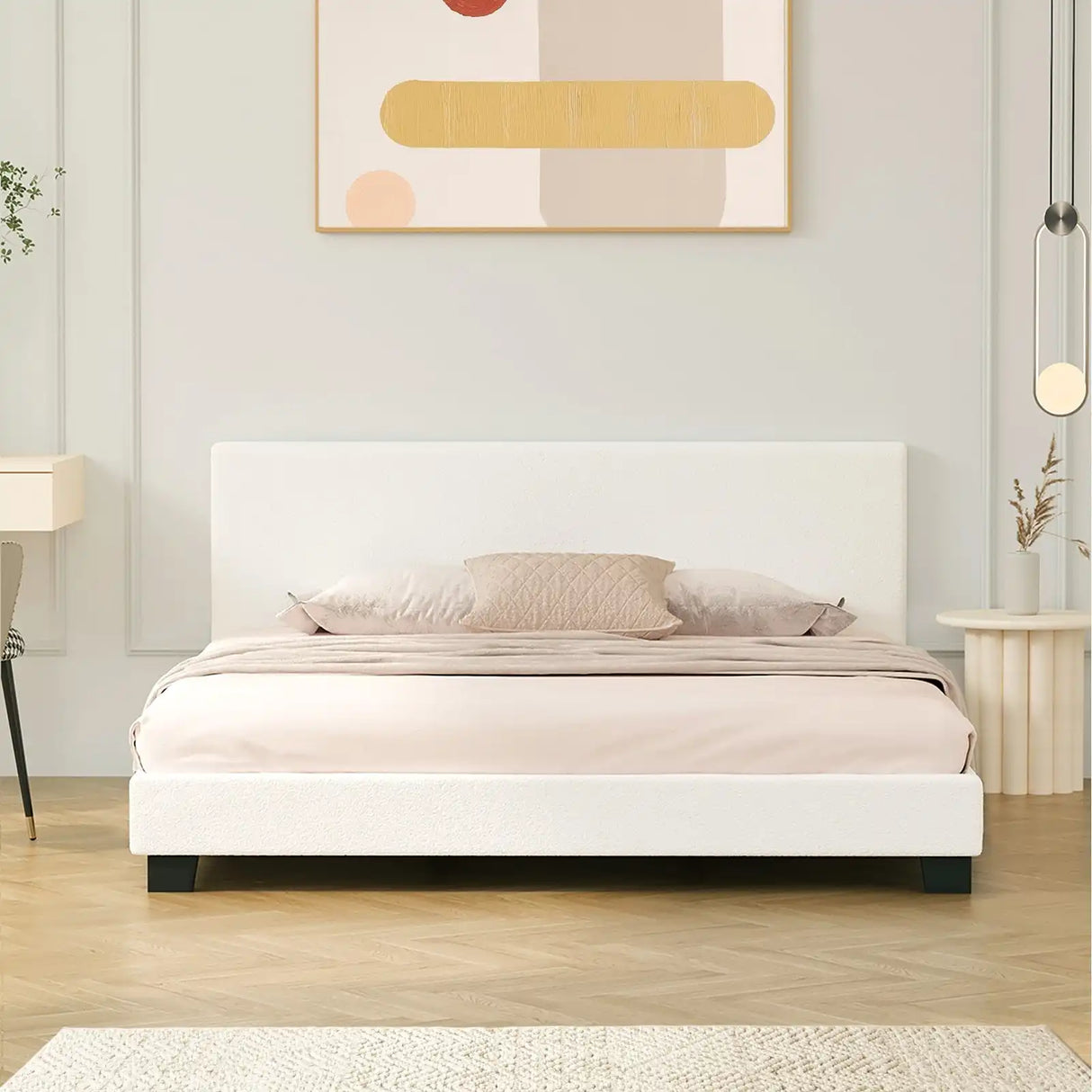 Teddy Soft Boucle Fabric White Bed | Modern Cushioned Touch White Upholstered Boucle Bed Frame