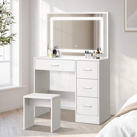Starque XL Hollywood Dressing Table and Stool Set | LED Strip Mirror Storage Makeup Desk Cabinet