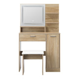 Amoure Hollywood Dressing Table and Stool Set | LED Strip Mirror Storage Makeup Desk Cabinet